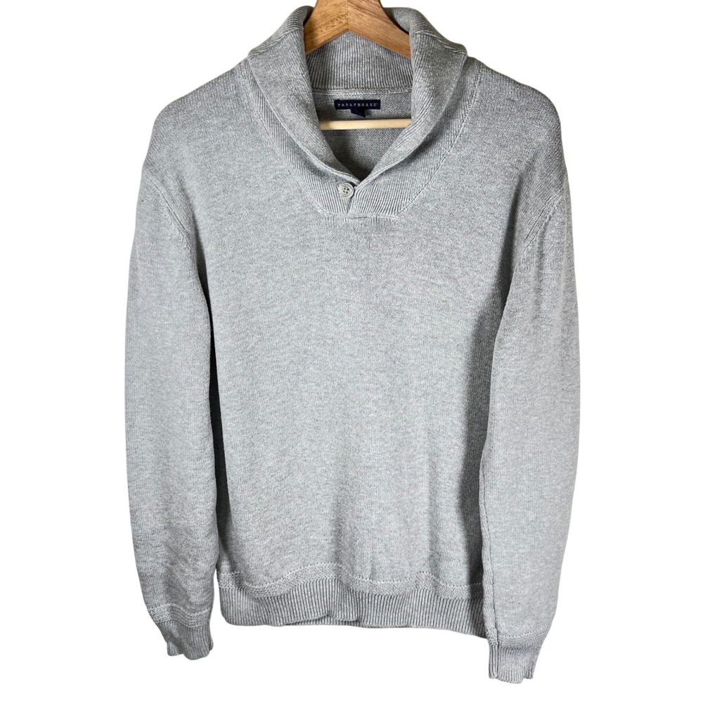 Paraphrase Mens Sweater Classic Gray Cotton Size Medium Shawl Neck Pullover Knit